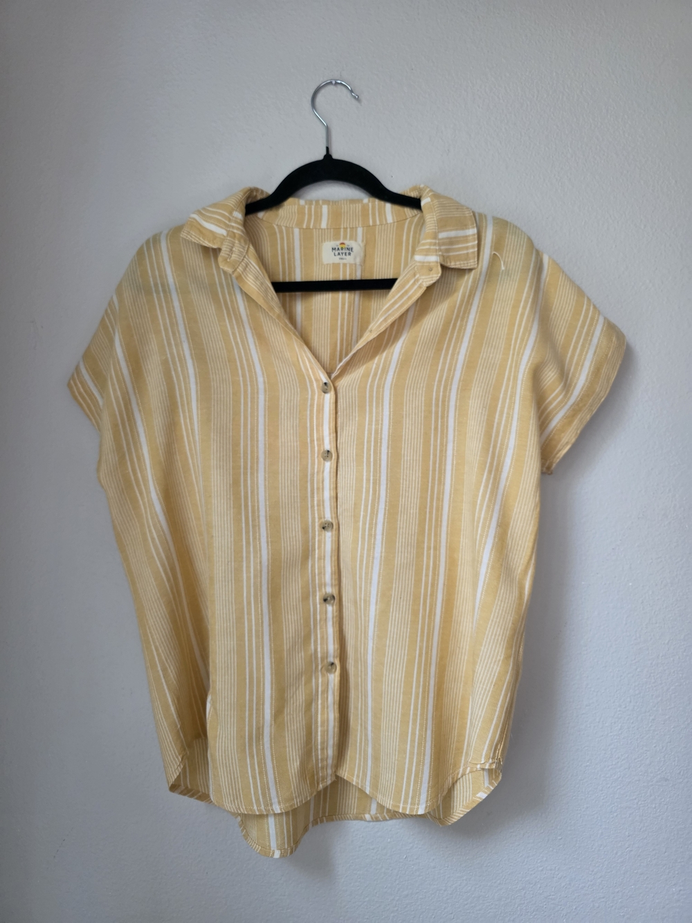 Marine Layet Yellow Stripe Button-Front Linen Blend Top